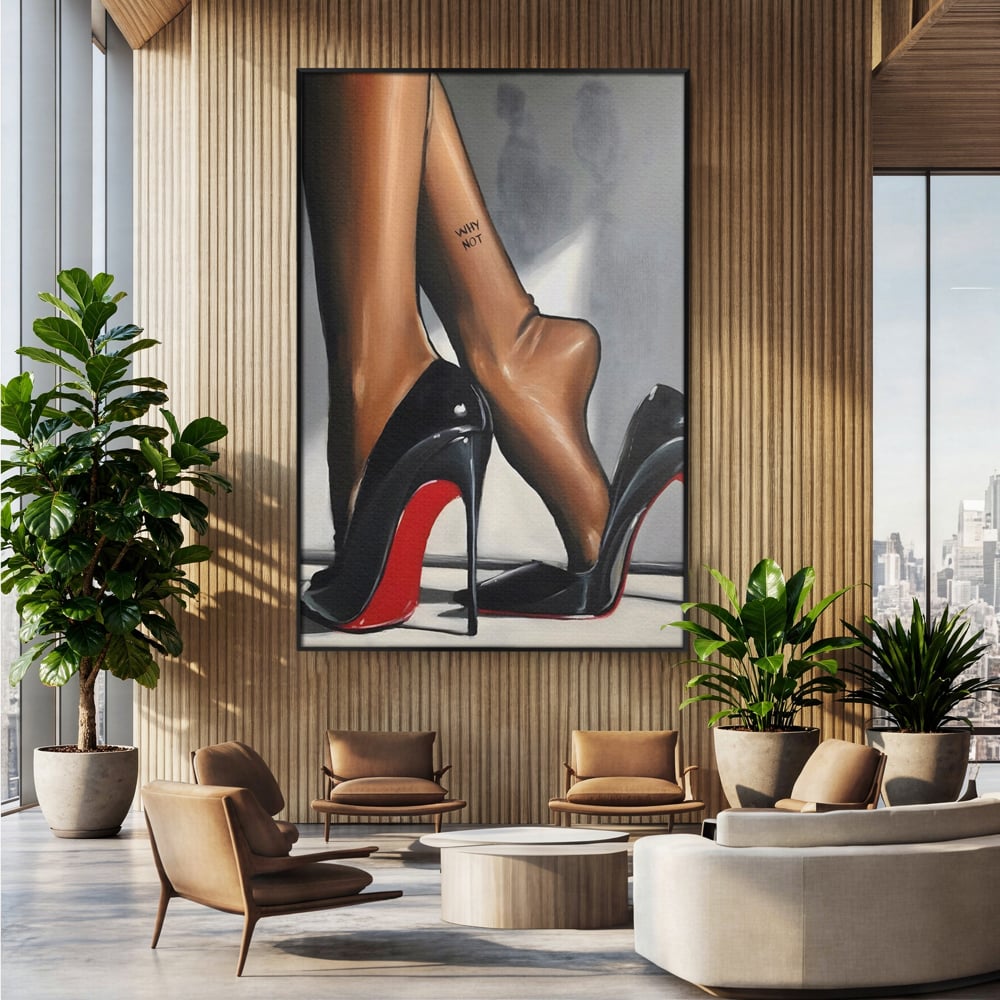 Tablou canvas cu ilustratie cu picioare si pantofi eleganti, in rama de aluminiu negru, pe perete intr-un birou
